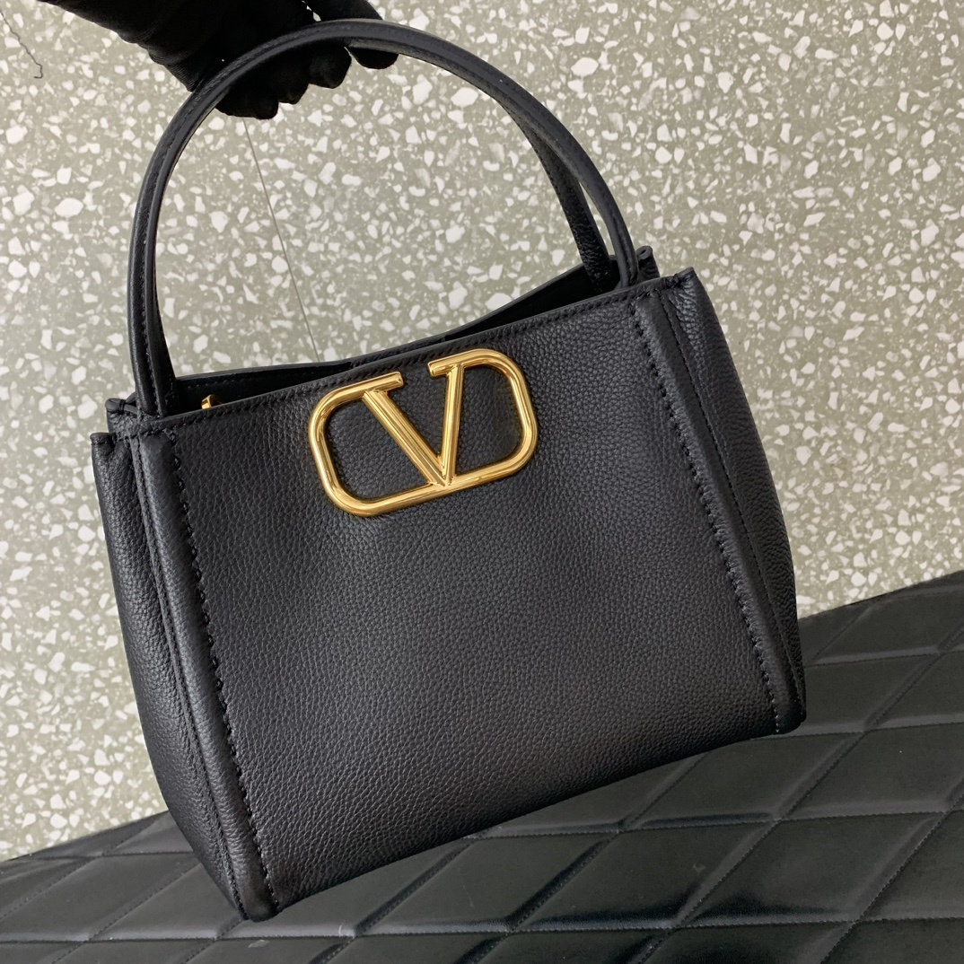 Valentino Garavani Alltime Medium Handbag in Black Grainy Calfskin